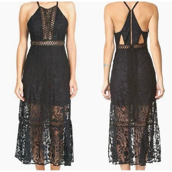 Free People Anastasia Halter Black Lace Crochet Midi Cut Out Sheer Dress size 2 - Picture 10 of 10